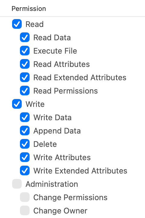 Popover in FileUtils ACL window showing all available ACL access actions for a file