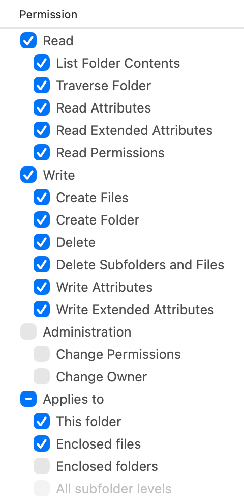 Popover in FileUtils ACL window showing all available ACL access actions for a folder