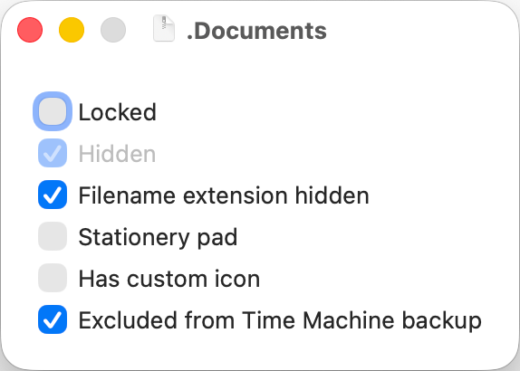 FileUtils file flags window showing common flags; locked, hidden, file extension hidden, stationary pad, custom icon, Time Machine backup exclusion