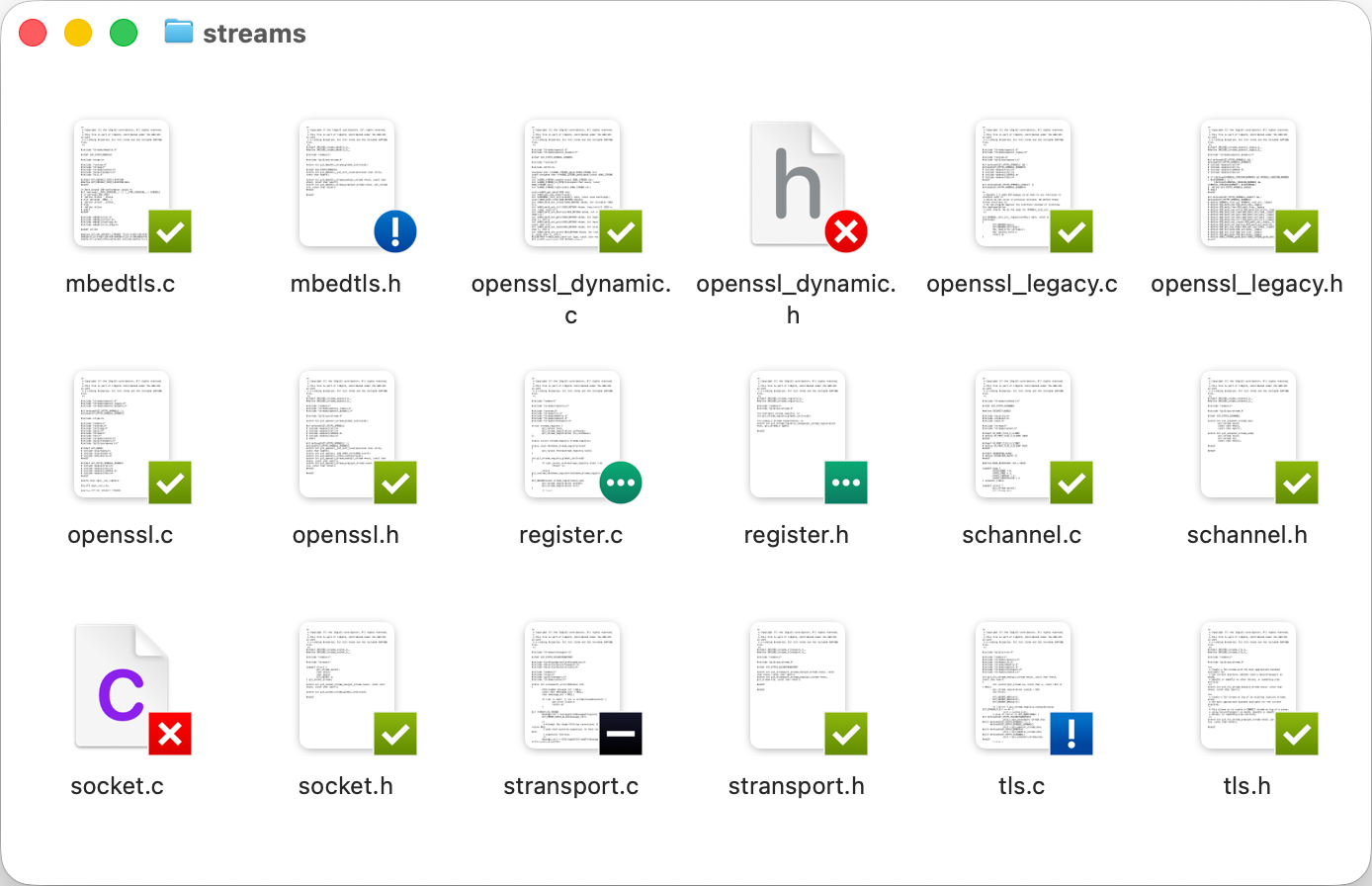 Finder window showing files in the icon view with icon badges provided by GitFinder extension