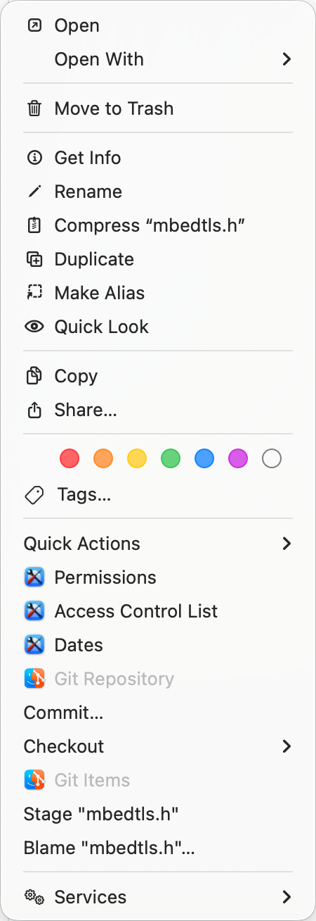 Finder contextual menu showing menu items from FileUtils extension, followed by menu items from GitFinder extension