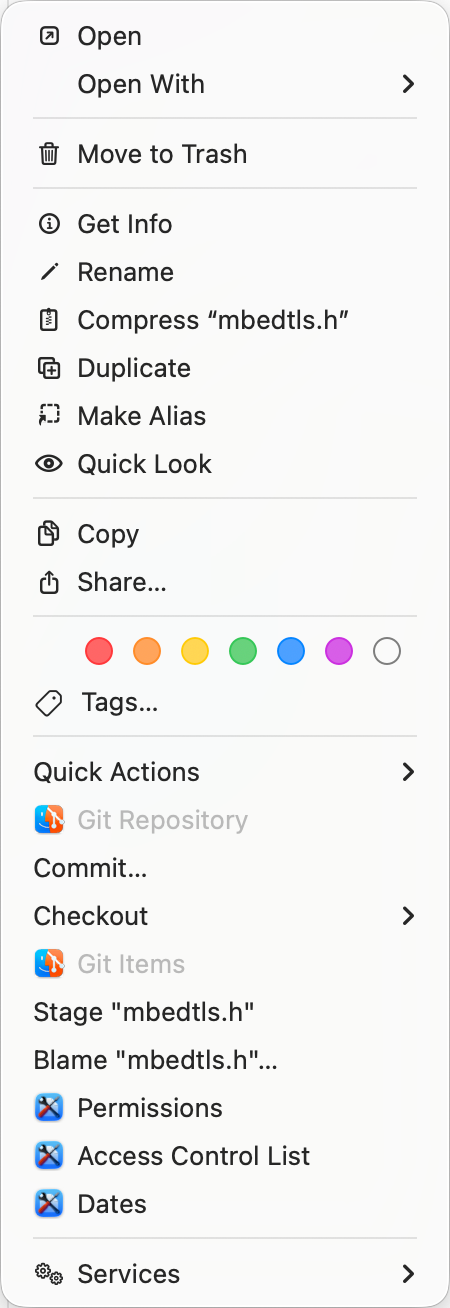Finder contextual menu showing menu items from GitFinder extension, followed by menu items from FileUtils extension