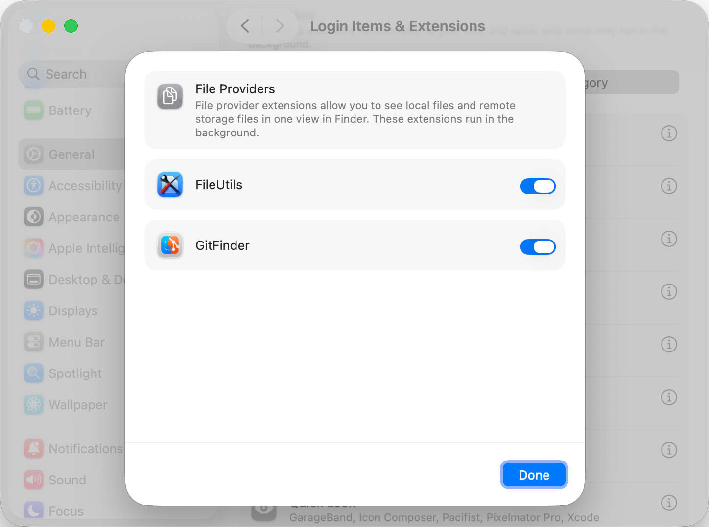 System Settings window on macOS Tahoe showing enabled Finder Sync extensions, FileUtils and GitFinder
